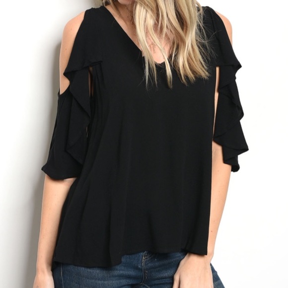 TWO LEFT🤗Black Cold Shoulder Top NWT - Picture 3 of 5